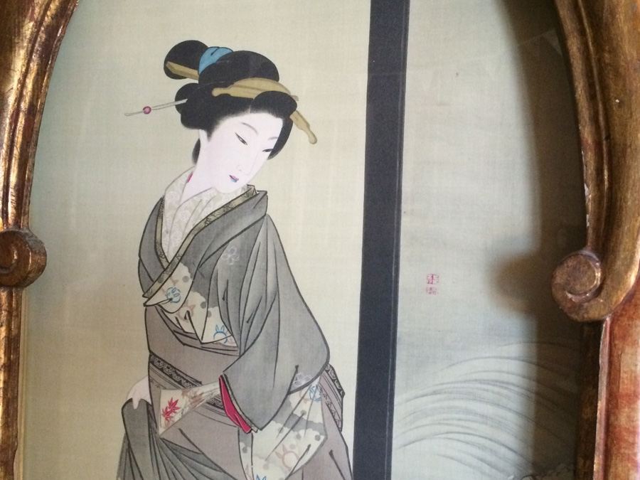 Antique Japanese Painting on Silk in a Beautifully Gilded Ornately Carved Wooden Frame [Photo 7]