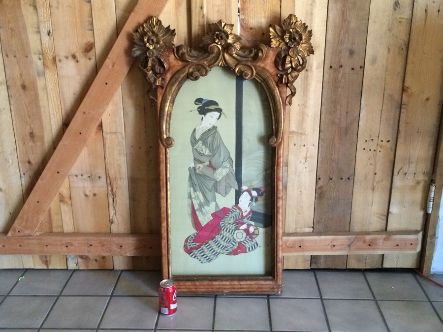 Antique Japanese Painting on Silk in a Beautifully Gilded Ornately Carved Wooden Frame [Photo 12]