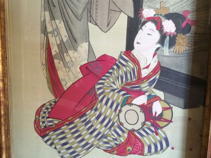 Antique Japanese Painting on Silk in a Beautifully Gilded Ornately Carved Wooden Frame [Photo 6]