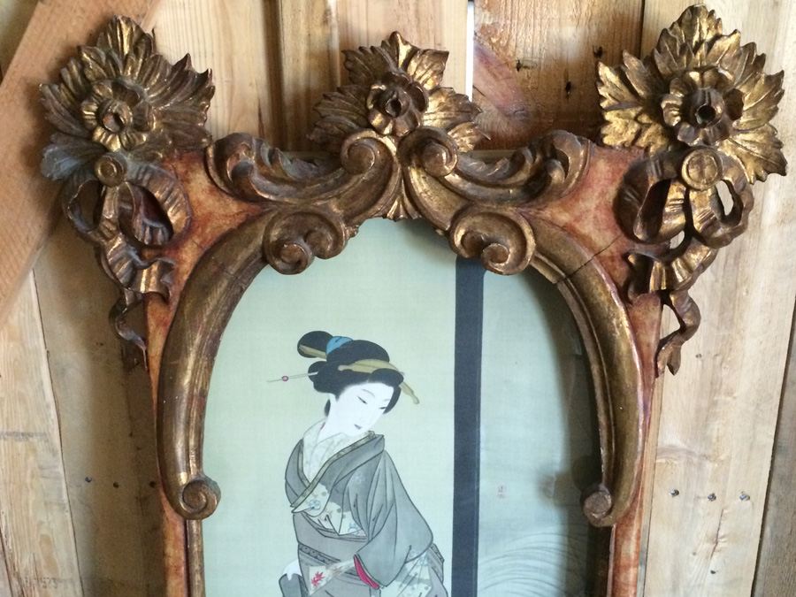 Antique Japanese Painting on Silk in a Beautifully Gilded Ornately Carved Wooden Frame [Photo 2]