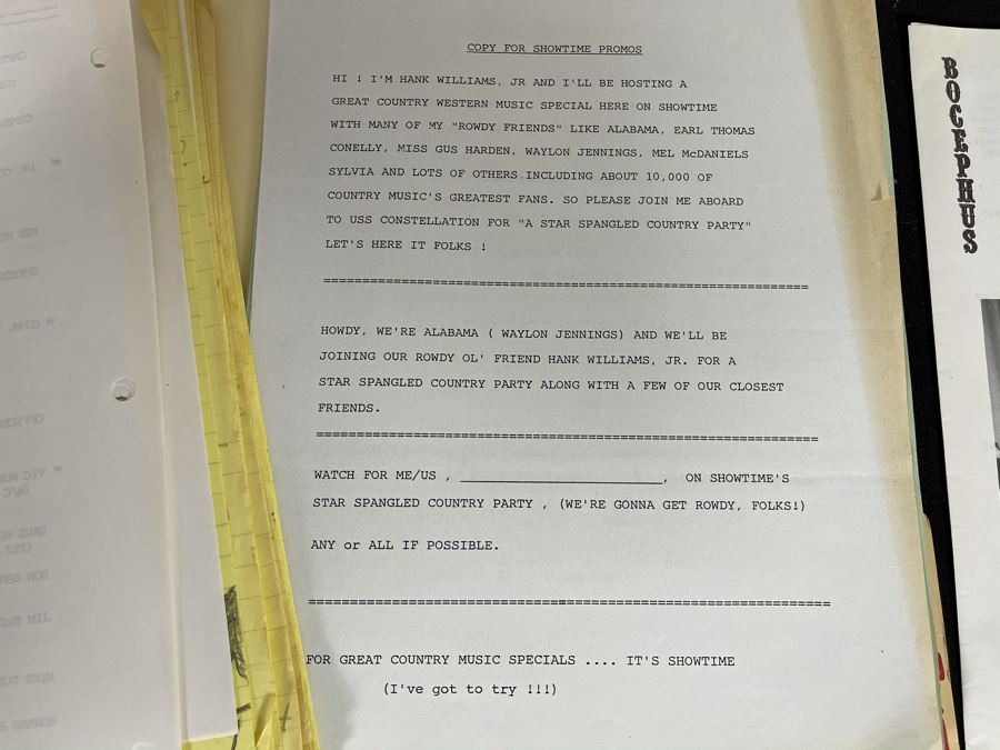 1984 TV Script To 'A Country Party' (Filmed On USS Constellation Naval Air Station San Diego) And Band Headshots And Country Music Ephermera: Hank Williams Jr., Waylon Jennings [Photo 16]