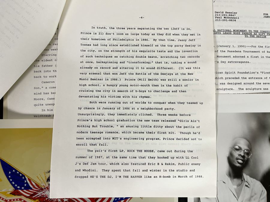 Rose Bowl Parade Float 'California Celebrates The U.S. Constitution: We The People' Press Release Information Ephemera Including D.J. Jazzy Jeff & The Fresh Prince JIVE B&W Photo Headshot [Photo 9]