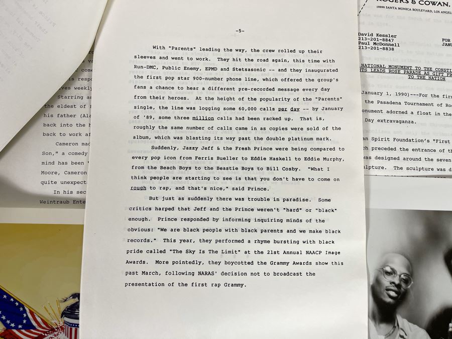 Rose Bowl Parade Float 'California Celebrates The U.S. Constitution: We The People' Press Release Information Ephemera Including D.J. Jazzy Jeff & The Fresh Prince JIVE B&W Photo Headshot [Photo 10]