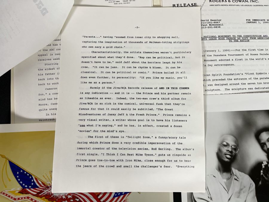 Rose Bowl Parade Float 'California Celebrates The U.S. Constitution: We The People' Press Release Information Ephemera Including D.J. Jazzy Jeff & The Fresh Prince JIVE B&W Photo Headshot [Photo 6]