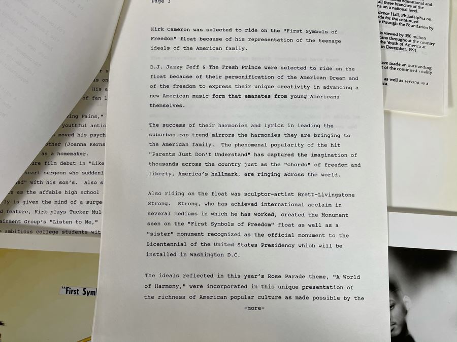 Rose Bowl Parade Float 'California Celebrates The U.S. Constitution: We The People' Press Release Information Ephemera Including D.J. Jazzy Jeff & The Fresh Prince JIVE B&W Photo Headshot [Photo 14]