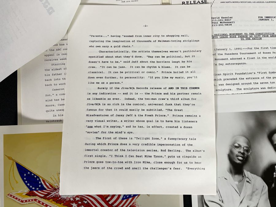 Rose Bowl Parade Float 'California Celebrates The U.S. Constitution: We The People' Press Release Information Ephemera Including D.J. Jazzy Jeff & The Fresh Prince JIVE B&W Photo Headshot [Photo 7]