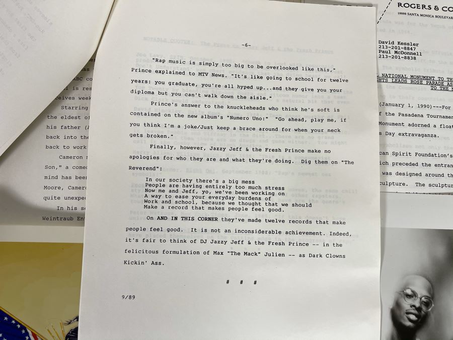 Rose Bowl Parade Float 'California Celebrates The U.S. Constitution: We The People' Press Release Information Ephemera Including D.J. Jazzy Jeff & The Fresh Prince JIVE B&W Photo Headshot [Photo 11]