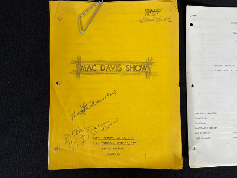 1976 Final Draft NBC TV Script To 'Mac Davis Show' Tape #109 [Photo 2]