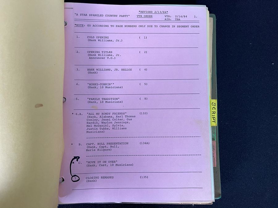 1984 First Draft TV Script To 'A Star Spangled Country Party' With Hank Williams Jr., Waylon Jennings [Photo 4]