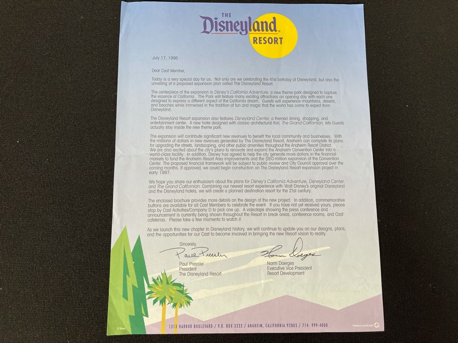 Disneyland Ephermera 1996 Letter Announcing 41st Birthday Of Disneyland And New Theme Park Expansion Plan Of Disney's California Adventure
