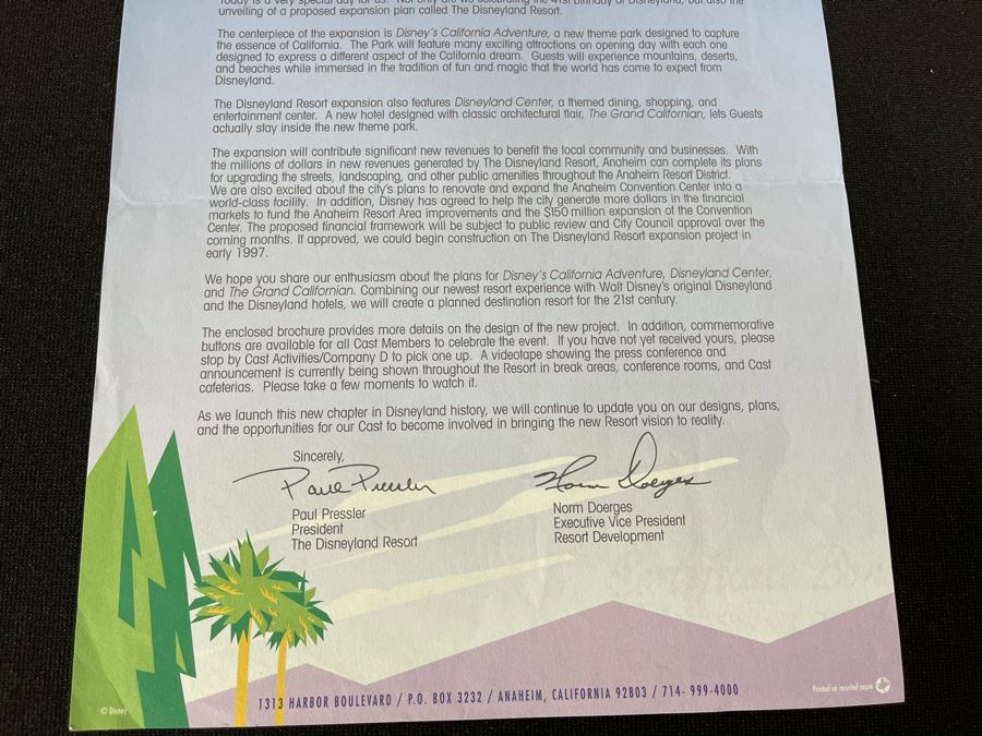 Disneyland Ephermera 1996 Letter Announcing 41st Birthday Of Disneyland And New Theme Park Expansion Plan Of Disney's California Adventure [Photo 3]