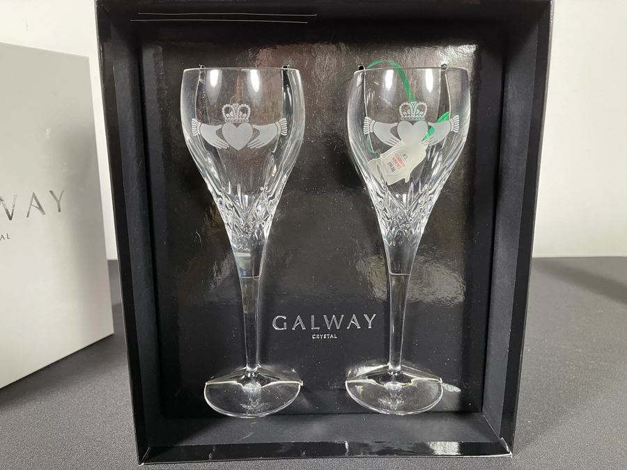 (2) New Sets Of Galway Crystal Claddagh Wine Pair Glasses 7.5H Retails $180 [Photo 2]