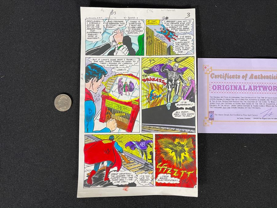 Original Superman Hand Colored Comic Book Page Artwork With Color Codes Comic Book Inker With Certificate Of Authenticity 6.25 X 10 [Photo 1]