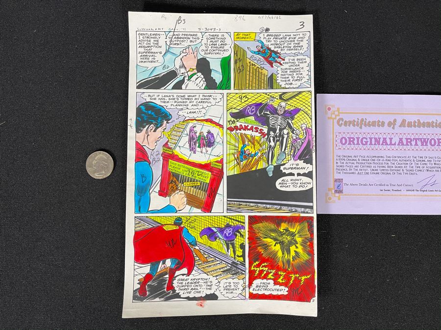 Original Superman Hand Colored Comic Book Page Artwork With Color Codes Comic Book Inker With Certificate Of Authenticity 6.25 X 10 [Photo 2]