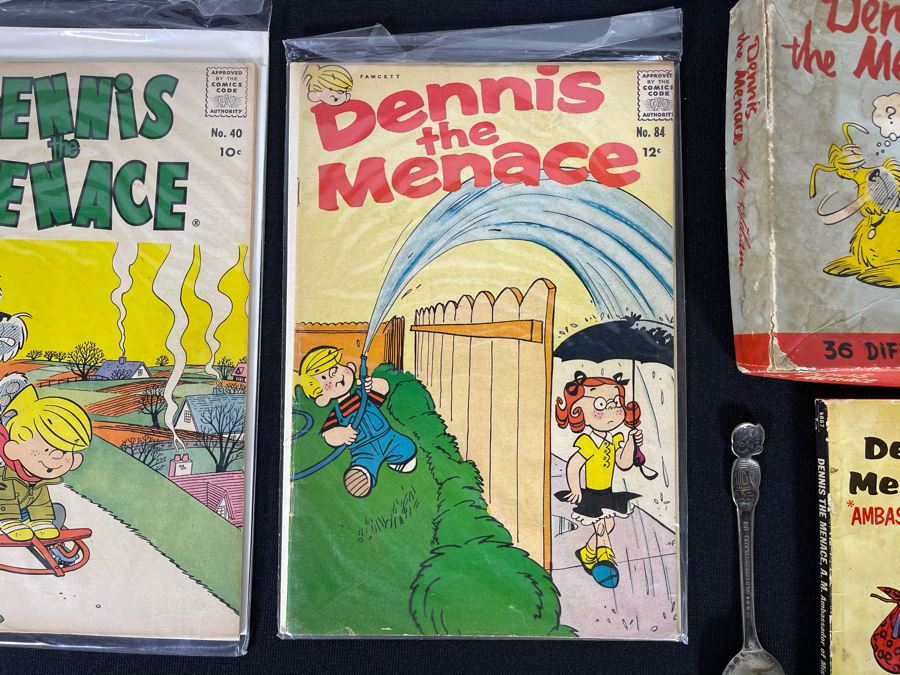 Dennis The Menance Collection Featuring 10c, 12c, 15c Comic Books, Paperback Novels, Silverplate Spoon And Empty Napkin Box [Photo 16]