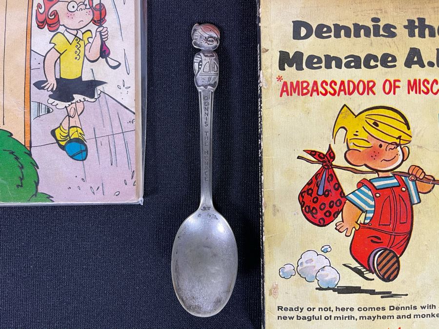 Dennis The Menance Collection Featuring 10c, 12c, 15c Comic Books, Paperback Novels, Silverplate Spoon And Empty Napkin Box [Photo 2]