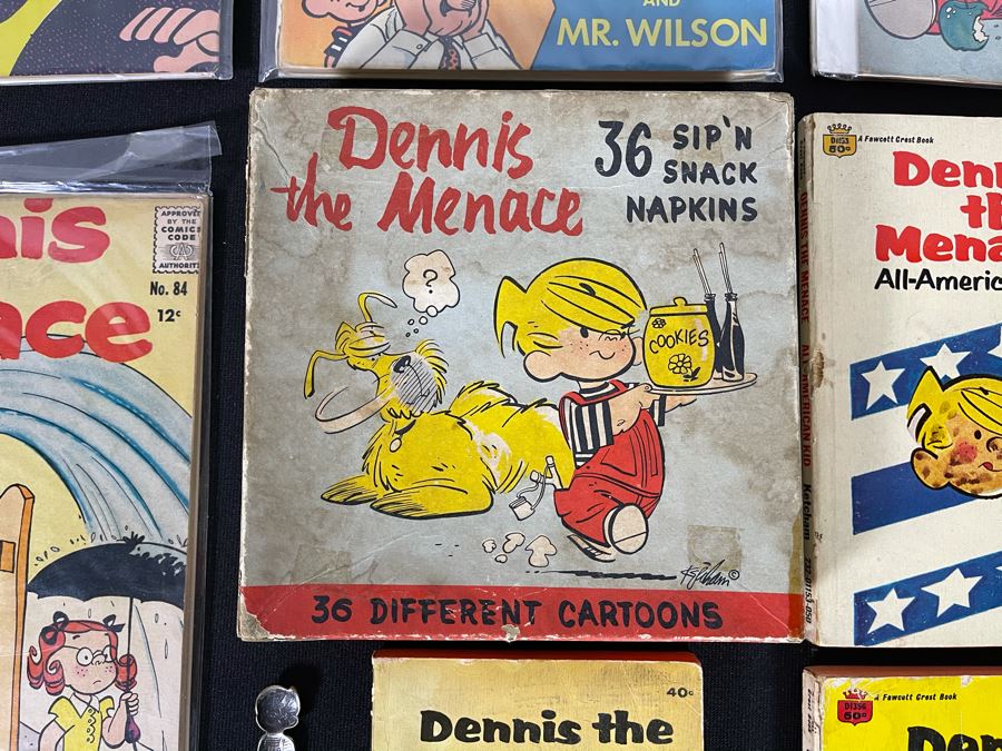 Dennis The Menance Collection Featuring 10c, 12c, 15c Comic Books, Paperback Novels, Silverplate Spoon And Empty Napkin Box [Photo 18]