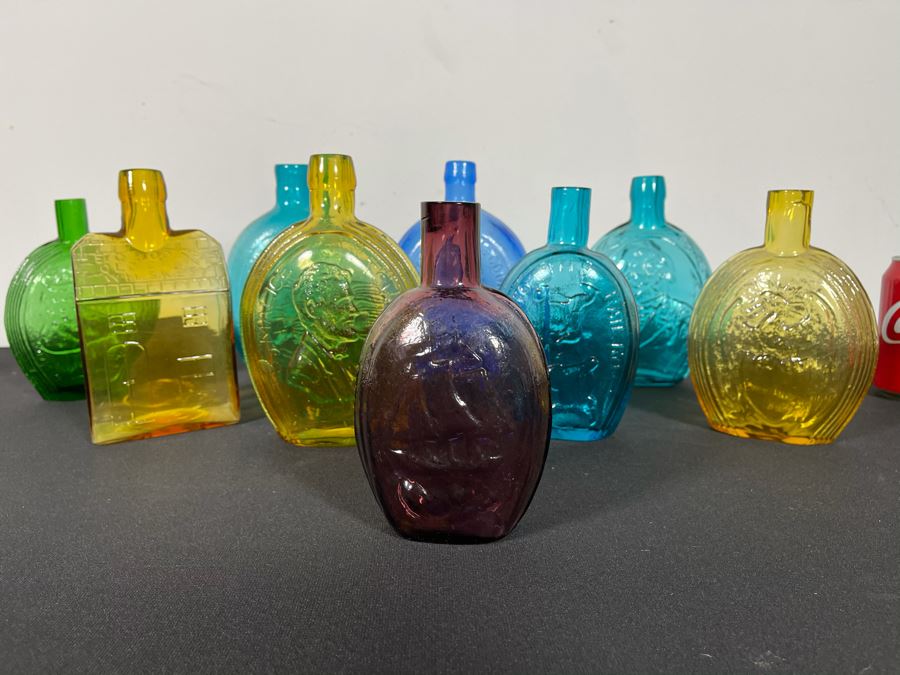 Vintage Colored Glass Liquor Bottle Collection - 9 Bottles