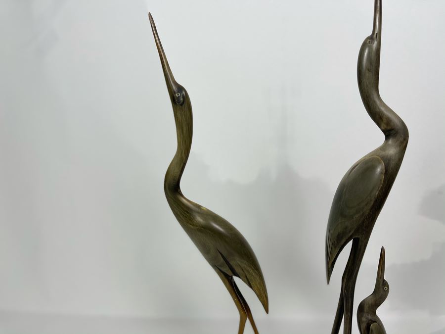 Pair Of Carved Horn Egret Heron Crane Bird Sculptures 15'H [Photo 6]