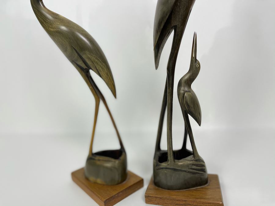 Pair Of Carved Horn Egret Heron Crane Bird Sculptures 15'H [Photo 5]