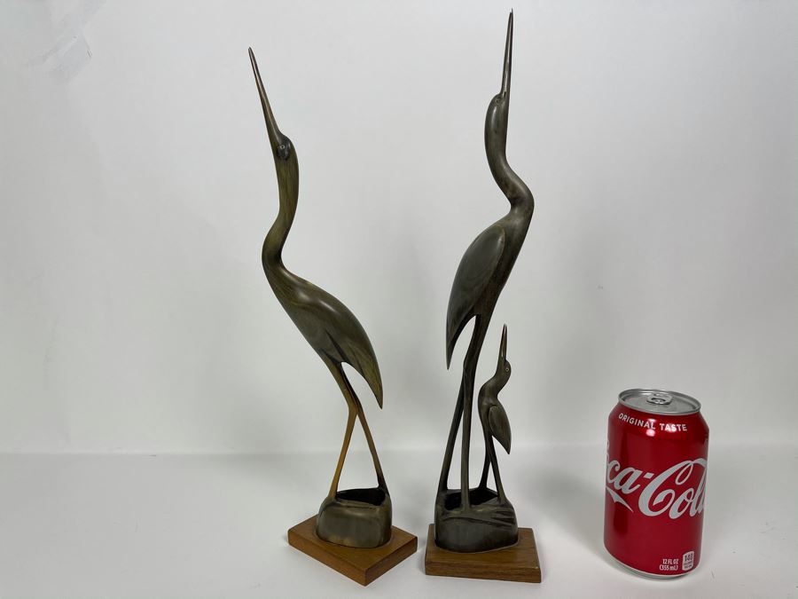 Pair Of Carved Horn Egret Heron Crane Bird Sculptures 15'H [Photo 1]