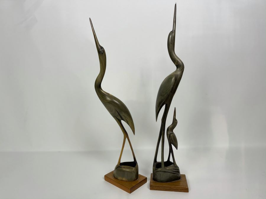 Pair Of Carved Horn Egret Heron Crane Bird Sculptures 15'H [Photo 2]
