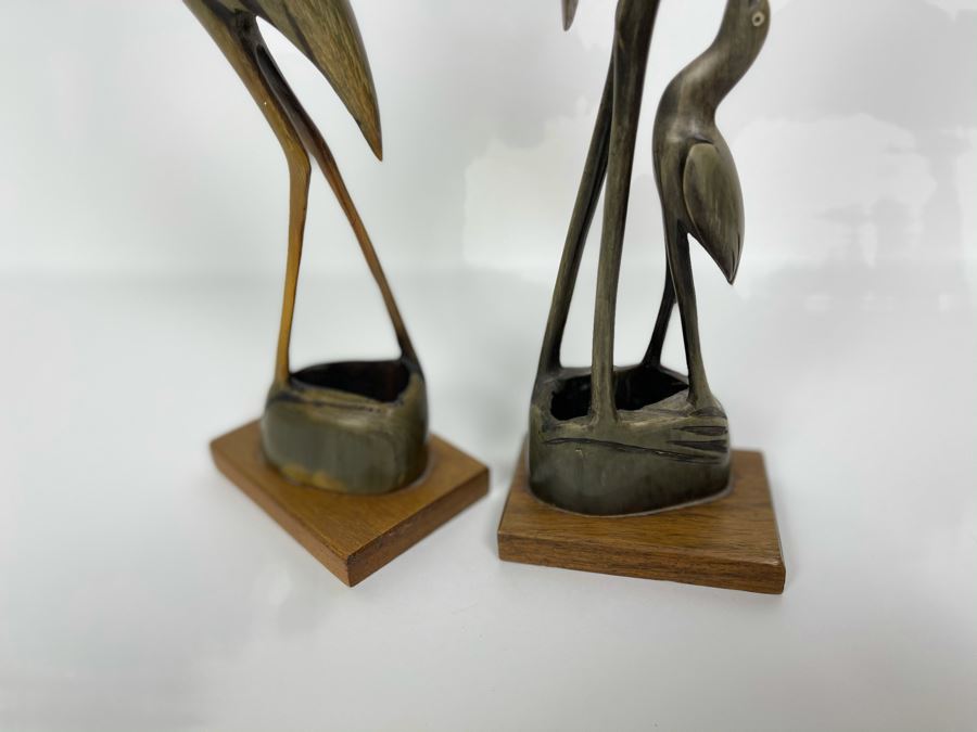 Pair Of Carved Horn Egret Heron Crane Bird Sculptures 15'H [Photo 8]
