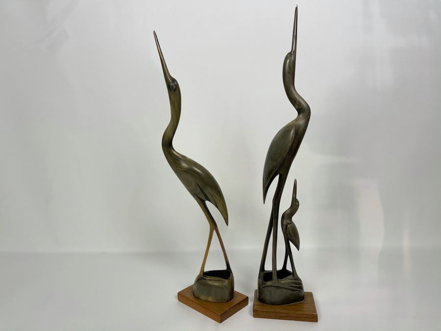 Pair Of Carved Horn Egret Heron Crane Bird Sculptures 15'H [Photo 4]