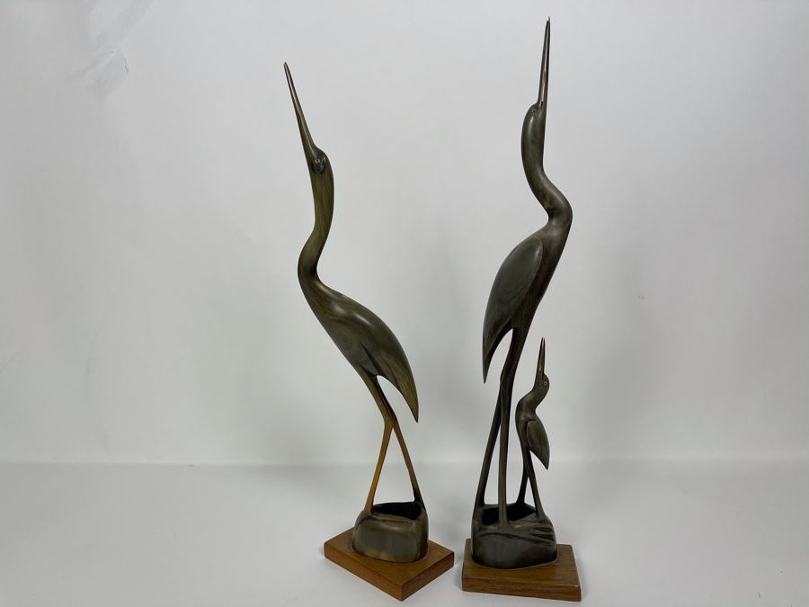 Pair Of Carved Horn Egret Heron Crane Bird Sculptures 15'H [Photo 3]