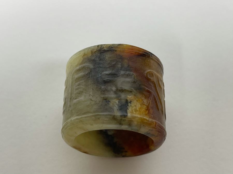 Pair Of Antique Chinese Carved Jade Jadeite Rings With Chinese Calligraphy And Antique Jade Jadeite Cong [Photo 13]