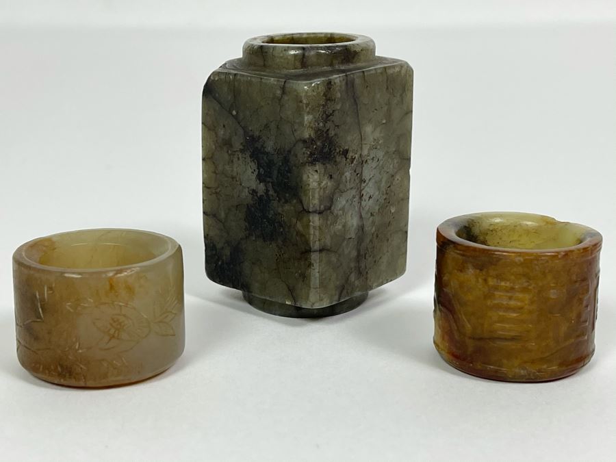 Pair Of Antique Chinese Carved Jade Jadeite Rings With Chinese Calligraphy And Antique Jade Jadeite Cong [Photo 2]