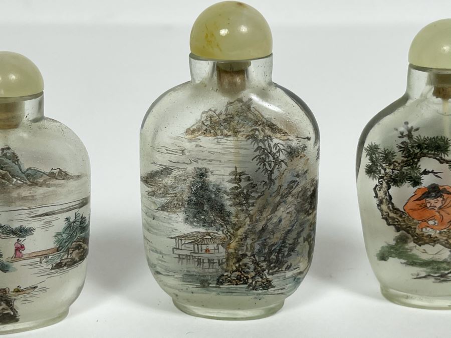 Set Of (3) Vintage Chinese Reverse Painted Chinese Snuff Bottles With Spoons Jade Jadeite Tops (One Of Spoons Is Fractured As Shown In Second Photo) [Photo 10]