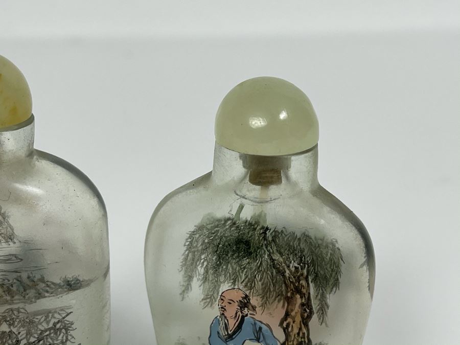 Set Of (3) Vintage Chinese Reverse Painted Chinese Snuff Bottles With Spoons Jade Jadeite Tops (One Of Spoons Is Fractured As Shown In Second Photo) [Photo 5]