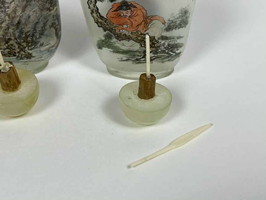 Set Of (3) Vintage Chinese Reverse Painted Chinese Snuff Bottles With Spoons Jade Jadeite Tops (One Of Spoons Is Fractured As Shown In Second Photo) [Photo 22]