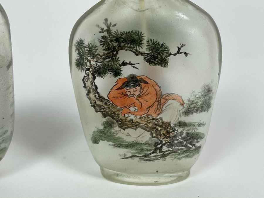 Set Of (3) Vintage Chinese Reverse Painted Chinese Snuff Bottles With Spoons Jade Jadeite Tops (One Of Spoons Is Fractured As Shown In Second Photo) [Photo 7]