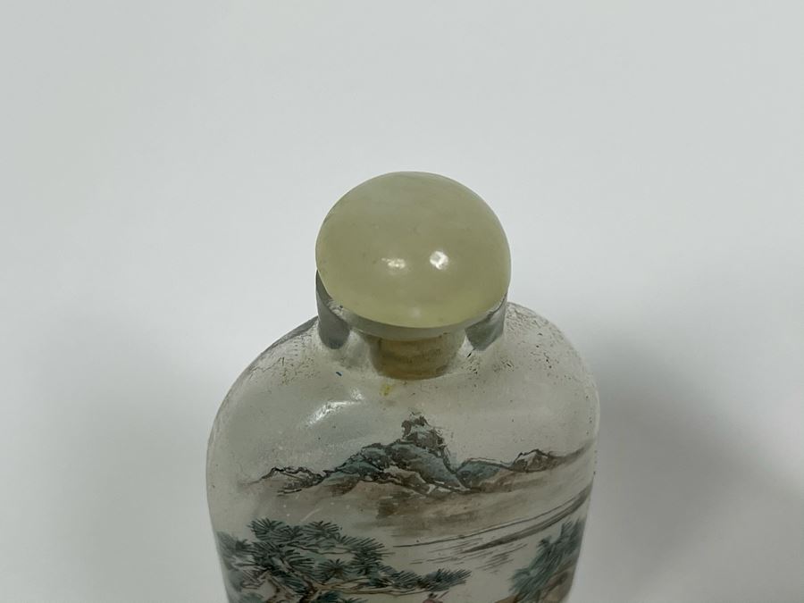 Set Of (3) Vintage Chinese Reverse Painted Chinese Snuff Bottles With Spoons Jade Jadeite Tops (One Of Spoons Is Fractured As Shown In Second Photo) [Photo 16]