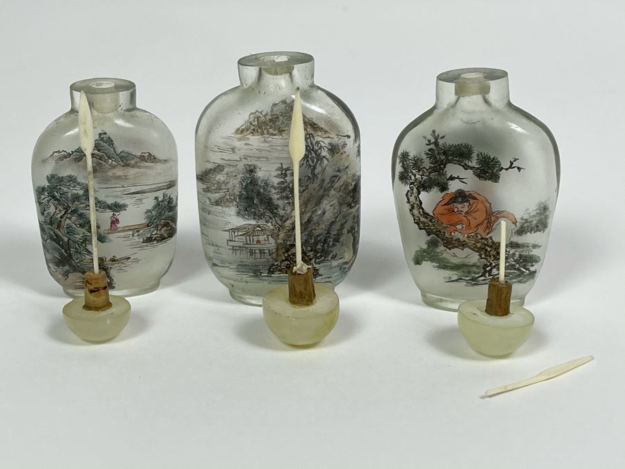 Set Of (3) Vintage Chinese Reverse Painted Chinese Snuff Bottles With Spoons Jade Jadeite Tops (One Of Spoons Is Fractured As Shown In Second Photo) [Photo 2]