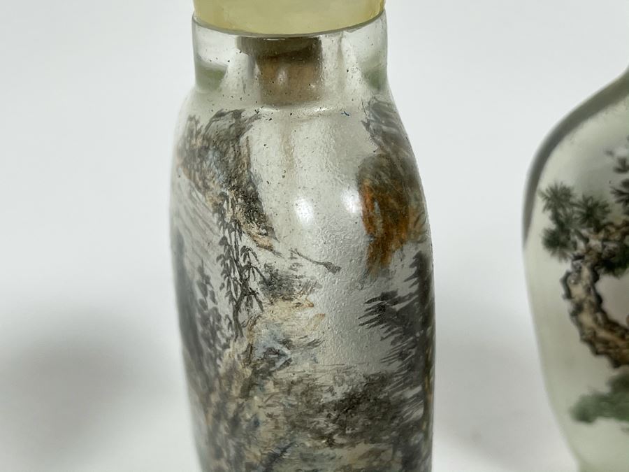 Set Of (3) Vintage Chinese Reverse Painted Chinese Snuff Bottles With Spoons Jade Jadeite Tops (One Of Spoons Is Fractured As Shown In Second Photo) [Photo 14]