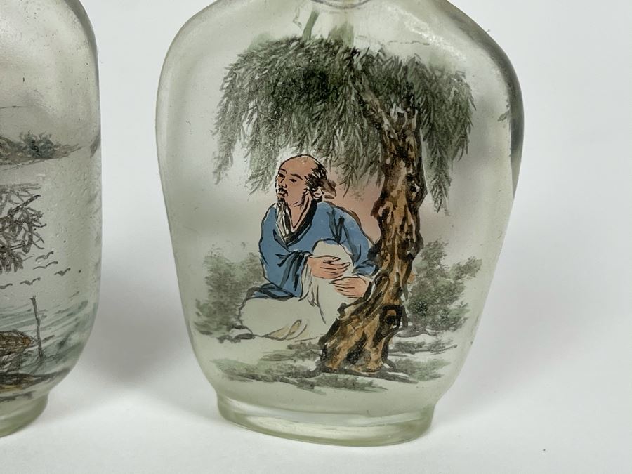 Set Of (3) Vintage Chinese Reverse Painted Chinese Snuff Bottles With Spoons Jade Jadeite Tops (One Of Spoons Is Fractured As Shown In Second Photo) [Photo 4]