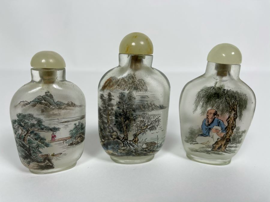 Set Of (3) Vintage Chinese Reverse Painted Chinese Snuff Bottles With Spoons Jade Jadeite Tops (One Of Spoons Is Fractured As Shown In Second Photo) [Photo 3]