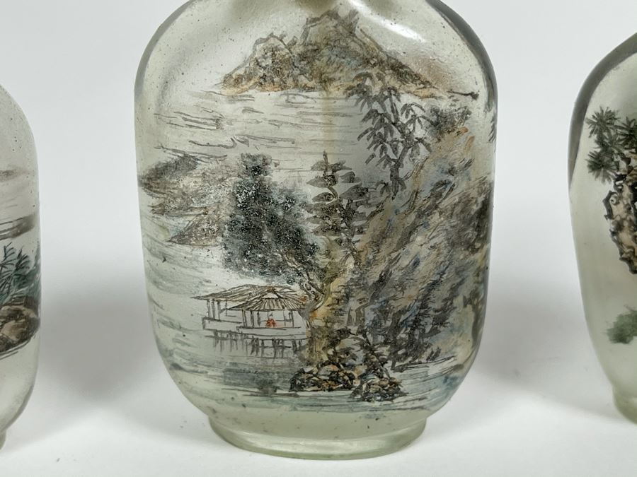 Set Of (3) Vintage Chinese Reverse Painted Chinese Snuff Bottles With Spoons Jade Jadeite Tops (One Of Spoons Is Fractured As Shown In Second Photo) [Photo 11]