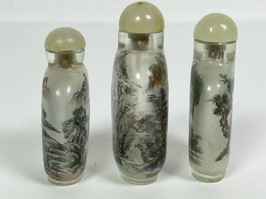 Set Of (3) Vintage Chinese Reverse Painted Chinese Snuff Bottles With Spoons Jade Jadeite Tops (One Of Spoons Is Fractured As Shown In Second Photo) [Photo 19]