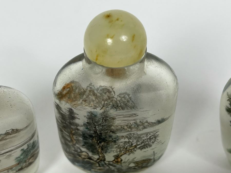 Set Of (3) Vintage Chinese Reverse Painted Chinese Snuff Bottles With Spoons Jade Jadeite Tops (One Of Spoons Is Fractured As Shown In Second Photo) [Photo 9]