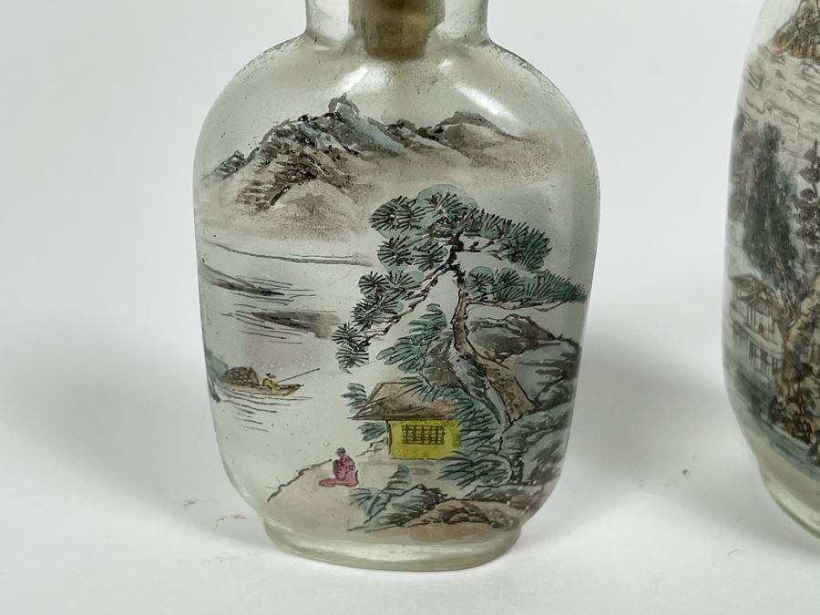 Set Of (3) Vintage Chinese Reverse Painted Chinese Snuff Bottles With Spoons Jade Jadeite Tops (One Of Spoons Is Fractured As Shown In Second Photo) [Photo 17]