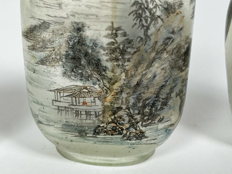 Set Of (3) Vintage Chinese Reverse Painted Chinese Snuff Bottles With Spoons Jade Jadeite Tops (One Of Spoons Is Fractured As Shown In Second Photo) [Photo 12]