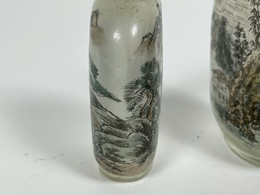 Set Of (3) Vintage Chinese Reverse Painted Chinese Snuff Bottles With Spoons Jade Jadeite Tops (One Of Spoons Is Fractured As Shown In Second Photo) [Photo 18]
