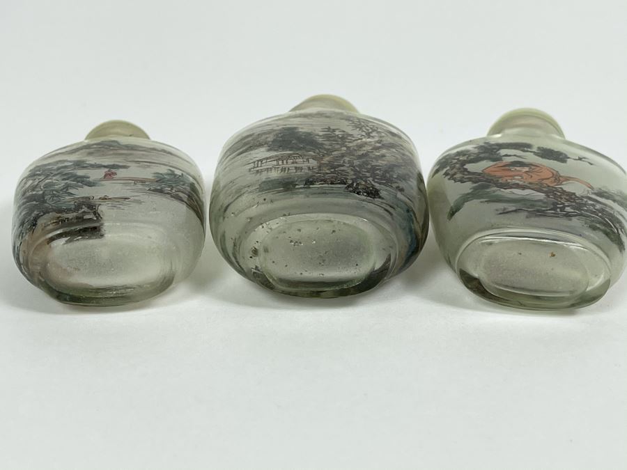 Set Of (3) Vintage Chinese Reverse Painted Chinese Snuff Bottles With Spoons Jade Jadeite Tops (One Of Spoons Is Fractured As Shown In Second Photo) [Photo 20]