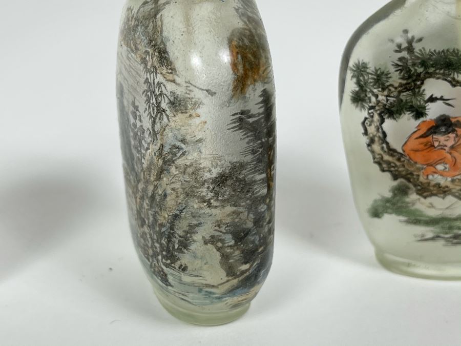 Set Of (3) Vintage Chinese Reverse Painted Chinese Snuff Bottles With Spoons Jade Jadeite Tops (One Of Spoons Is Fractured As Shown In Second Photo) [Photo 13]