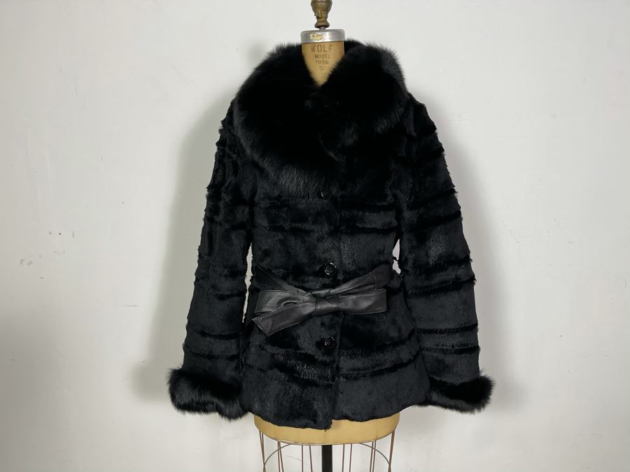 Black Dyed Rabbit Fur Jacket With Leather Belt Owned By From Former ...