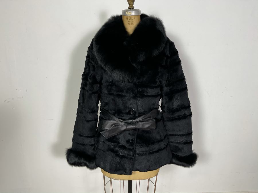 Black Dyed Rabbit Fur Jacket With Leather Belt Owned By From Former Miss America Beauty Pageant Contestant Size S